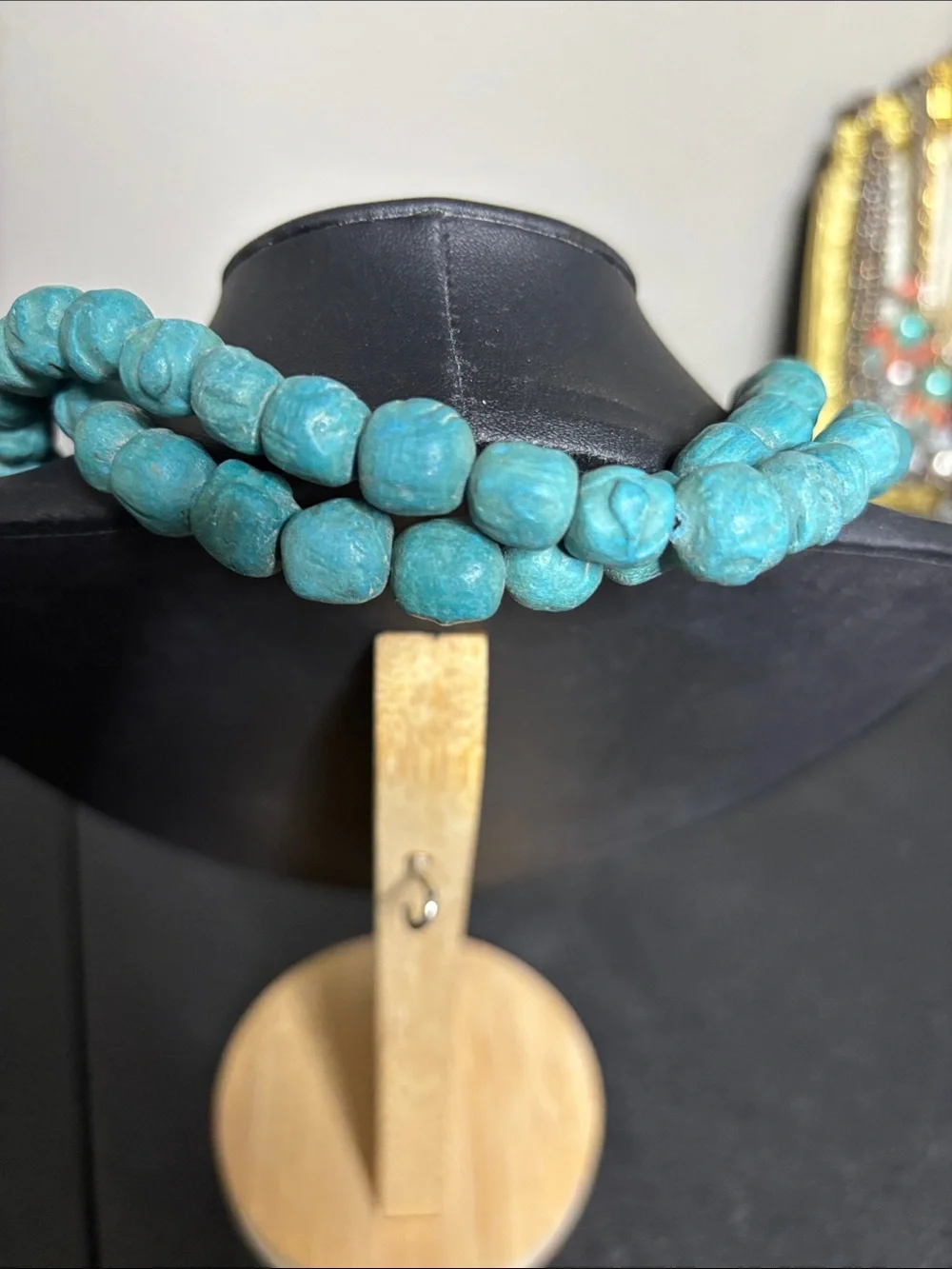 Southwestern Carved Ceramic Turquoise Beaded Long Bead Strand Necklace Unique